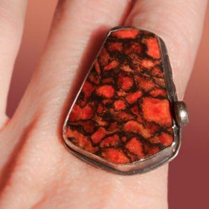 Apple coral fossil and sterling silver ring